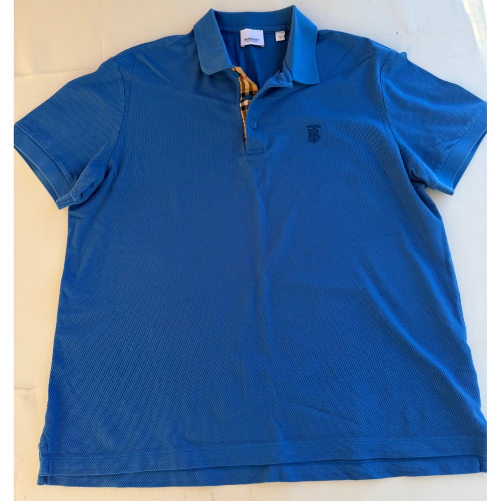 Burberry London England Mens TB Monogram Check Placket Polo Shirt Blue XL
